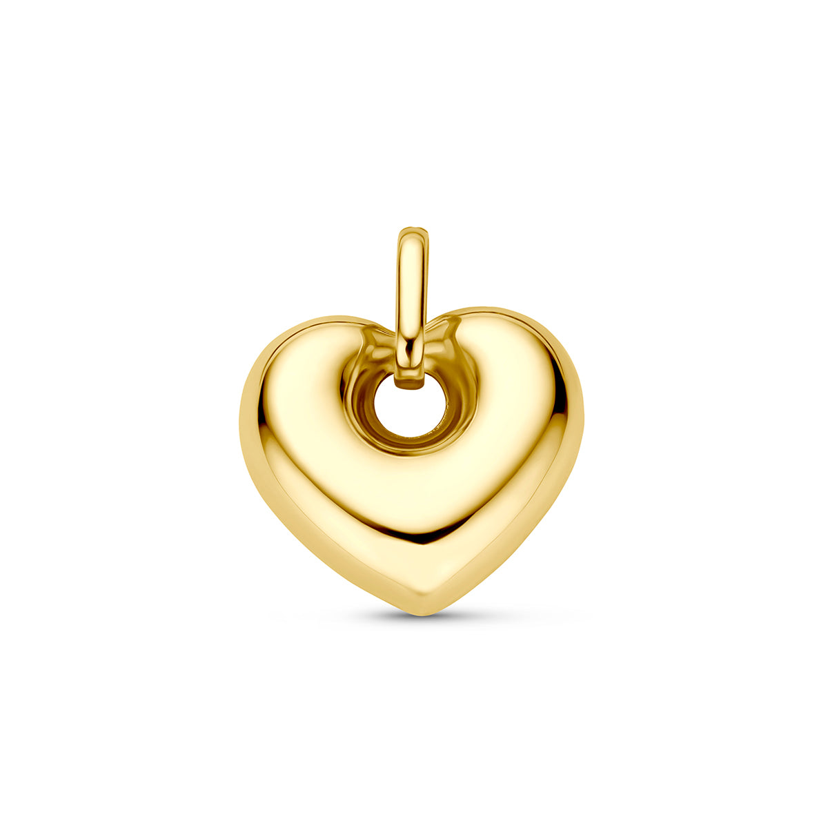 Vooraanzicht van de geelkleurige bolle hartje hanger van 9 karaat.