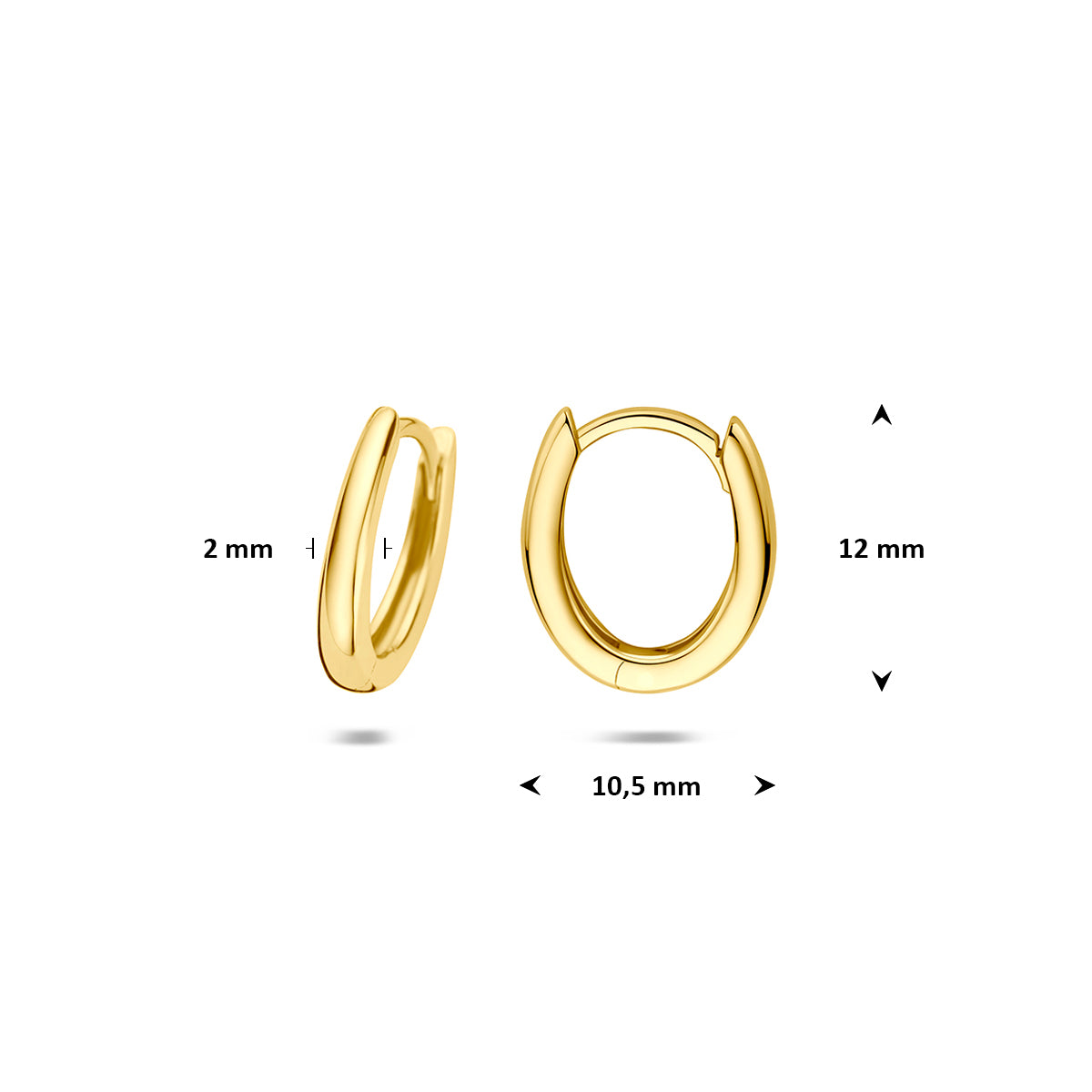 Klapoorringen: afmetingen van de 9 karaat geelkleurige brede klapoorringen, 12,0 mm hoog en 10,5 mm breed.