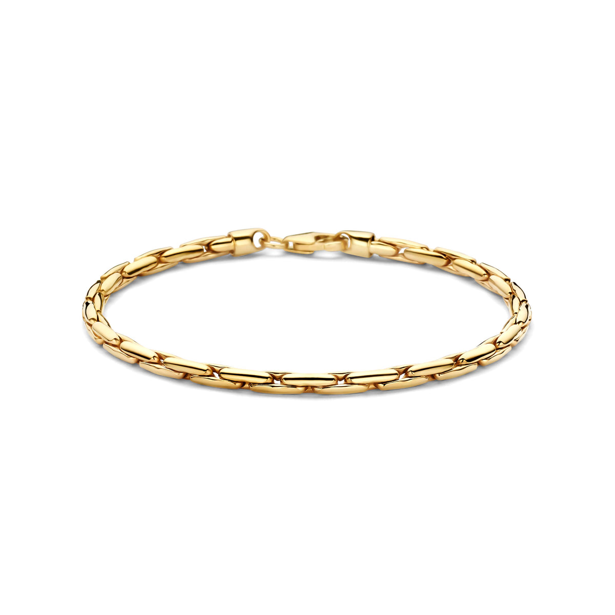 Vooraanzicht van de 9 karaat geelkleurige cardano armband met zilveren kern.