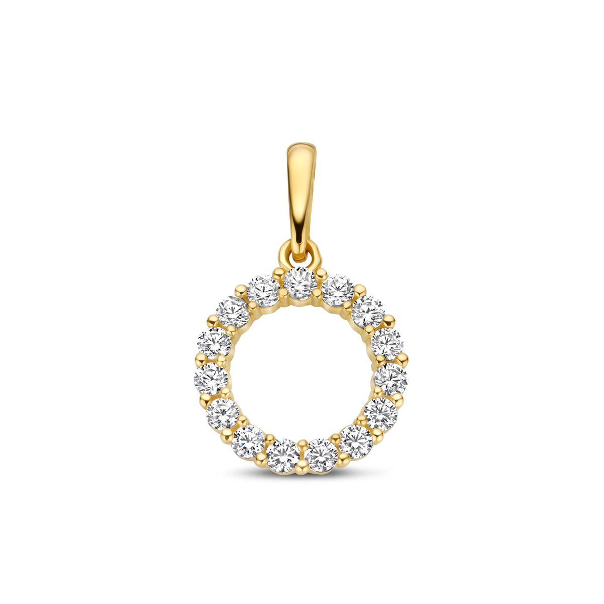 Vooraanzicht van de 9 karaat geelkleurige cirkel hanger met zirkonia, 10 mm doorsnede.