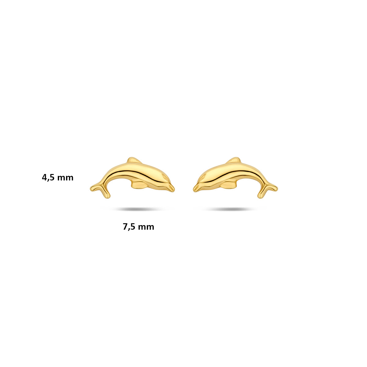 Afmetingen van de geelkleurige dolfijn kinderoorknopjes van 9 karaat: 4,5 mm hoog en 7,5 mm breed.