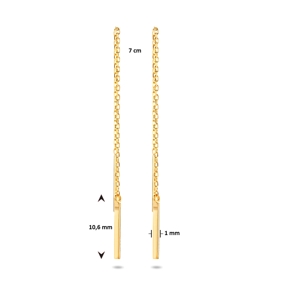 Afmetingen van de geelkleurige doortrekoorbellen met balkje van 9 karaat: 70 mm lang, balkje 10,5 x 1 mm.