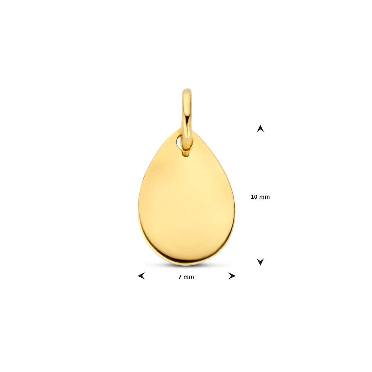 Graveerhanger: afmetingen van de 9 karaat geelkleurige druppel graveerhanger, 14,0 mm hoog inclusief oog en 7,0 mm breed.