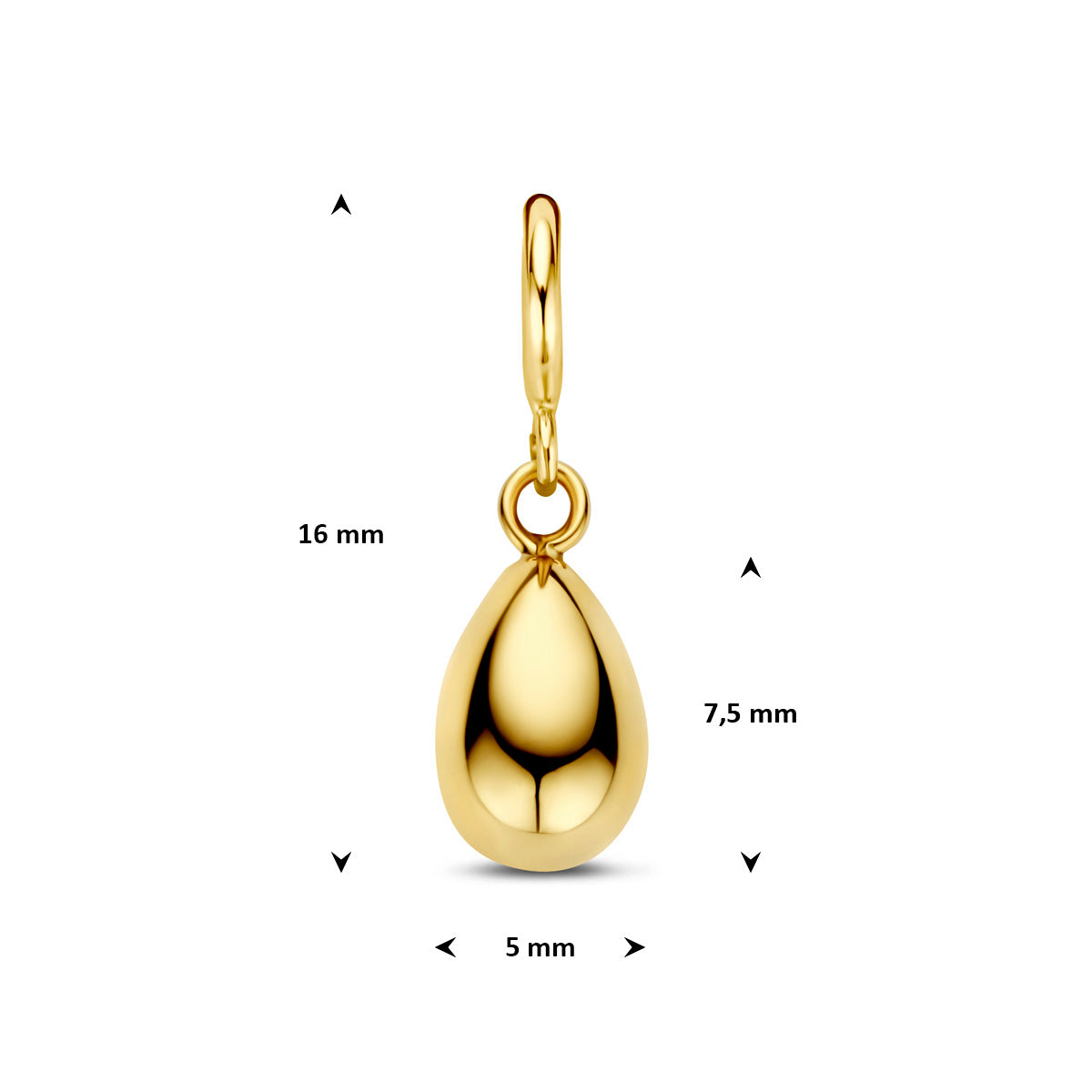 Bedel: afmetingen van de 9 karaat geelkleurige druppel slotbedel, 16,0 mm hoog inclusief oog en 5,0 mm breed.