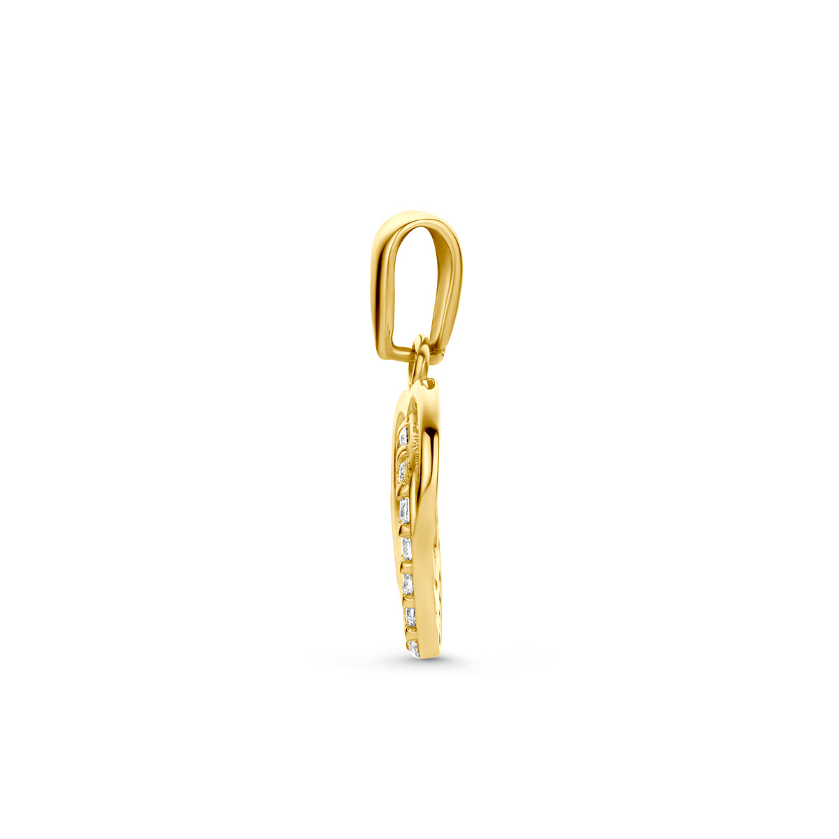 Hartje hanger: zijaanzicht van de 9 karaat geelkleurige dubbele hartjes hanger met zirkonia.