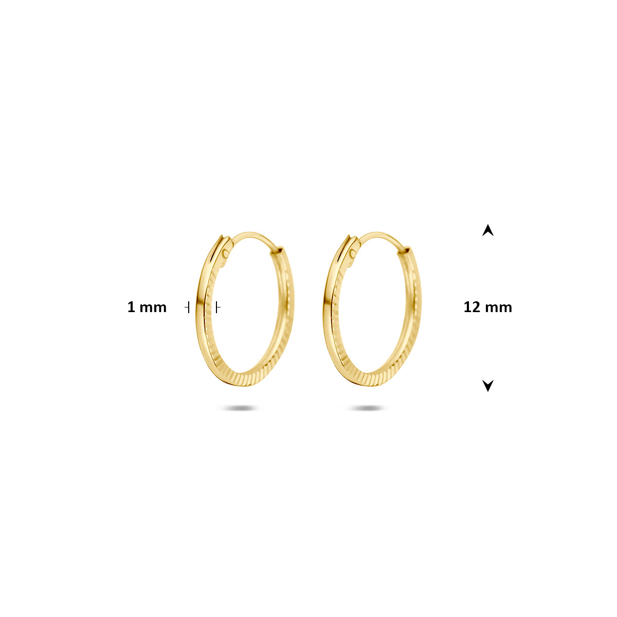 9 karaat oorbellen: afmetingen van de 9 karaat geelkleurige gediamanteerde oorringen, doorsnee 12,0 mm, 12,0 mm doorsnee.
