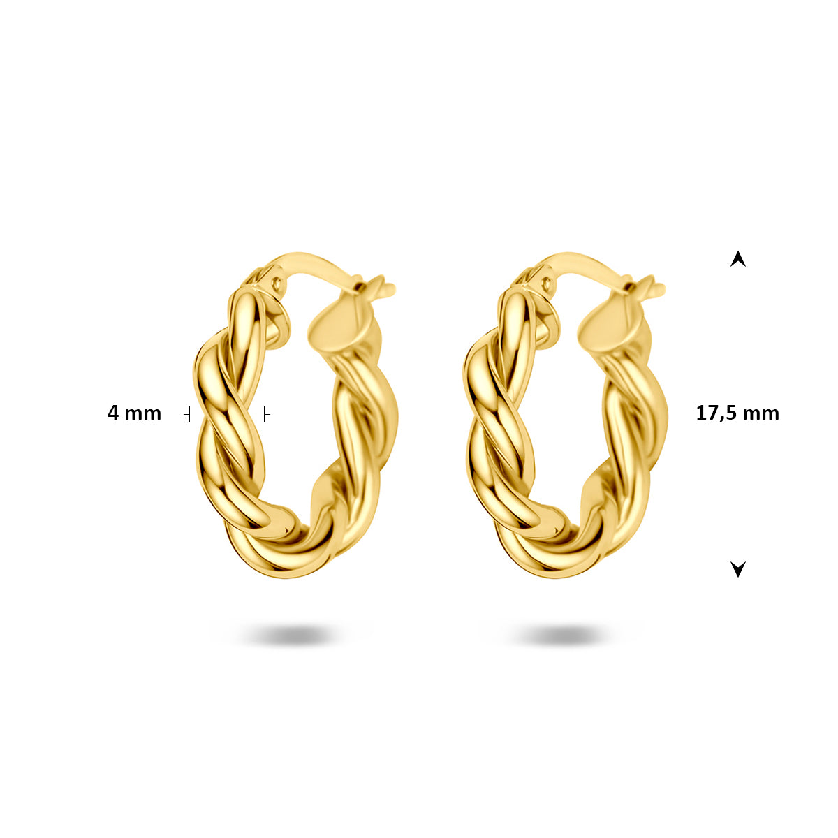 9 karaat oorbellen: afmetingen van de 9 karaat geelkleurige gedraaide oorringen, 17,5 mm hoog en 4,0 mm breed.