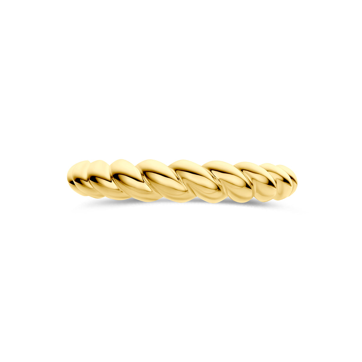 9 karaat ring: bovenaanzicht van de 9 karaat geelkleurige gedraaide ring.