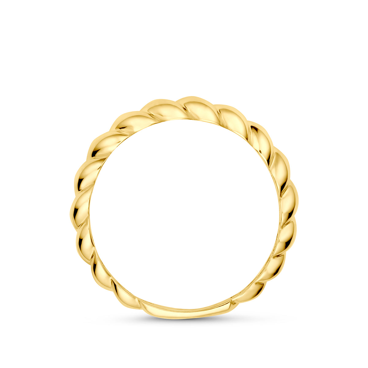 9 karaat ring: zijaanzicht van de 9 karaat geelkleurige gedraaide ring.