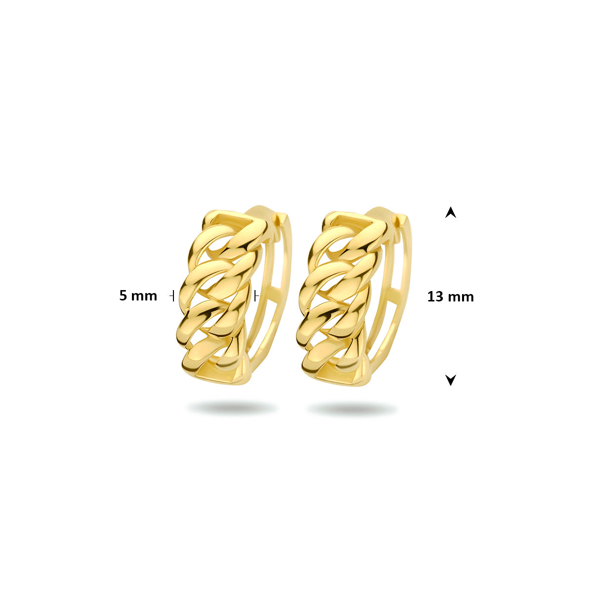 Afmetingen van de geelkleurige gourmet klapoorringen van 9 karaat: 13 mm doorsnee en 5 mm breed.