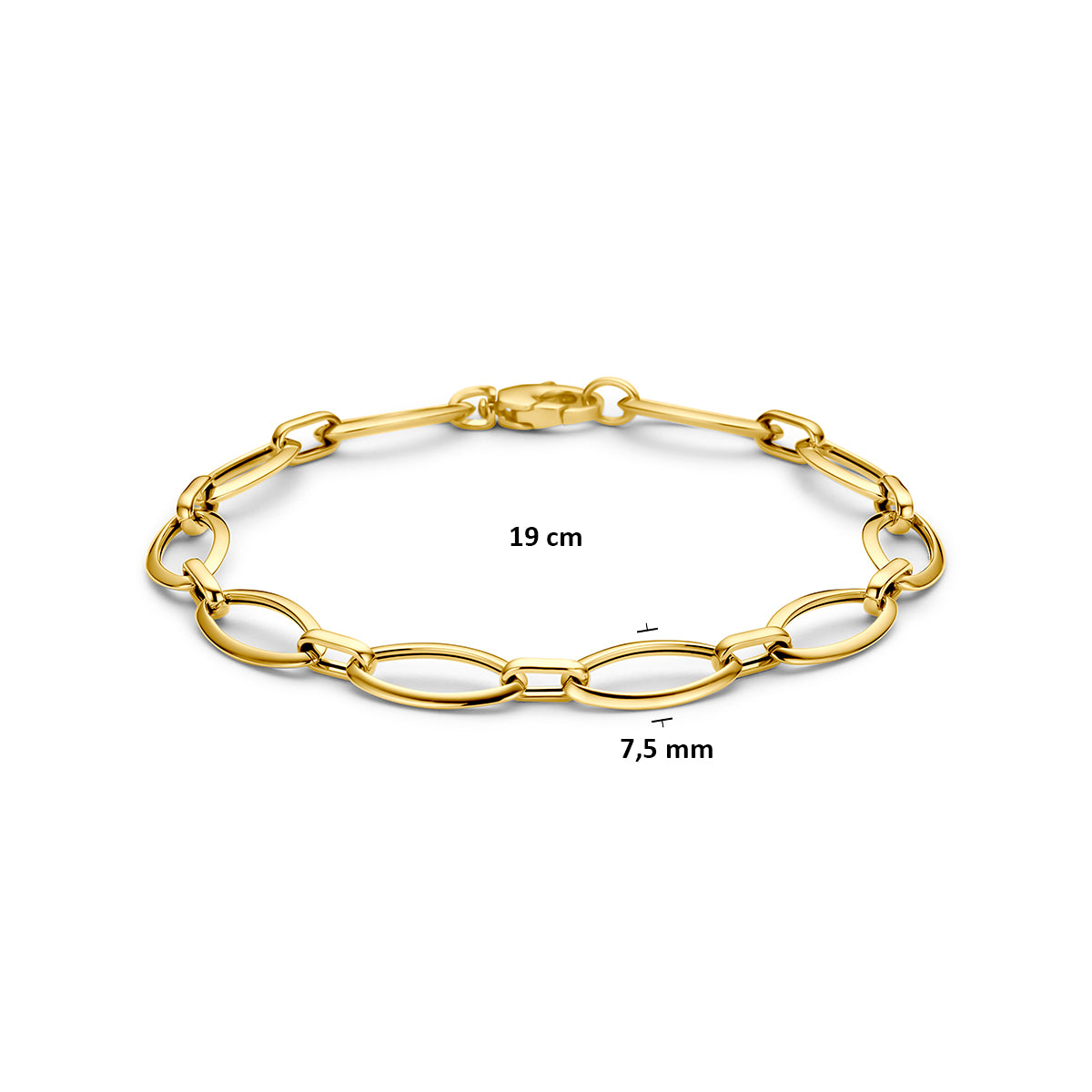 9 karaat armband: afmetingen van de 9 karaat geelkleurige grove ankerarmband, schakel van 7,5 mm breed en lengte 19 cm.