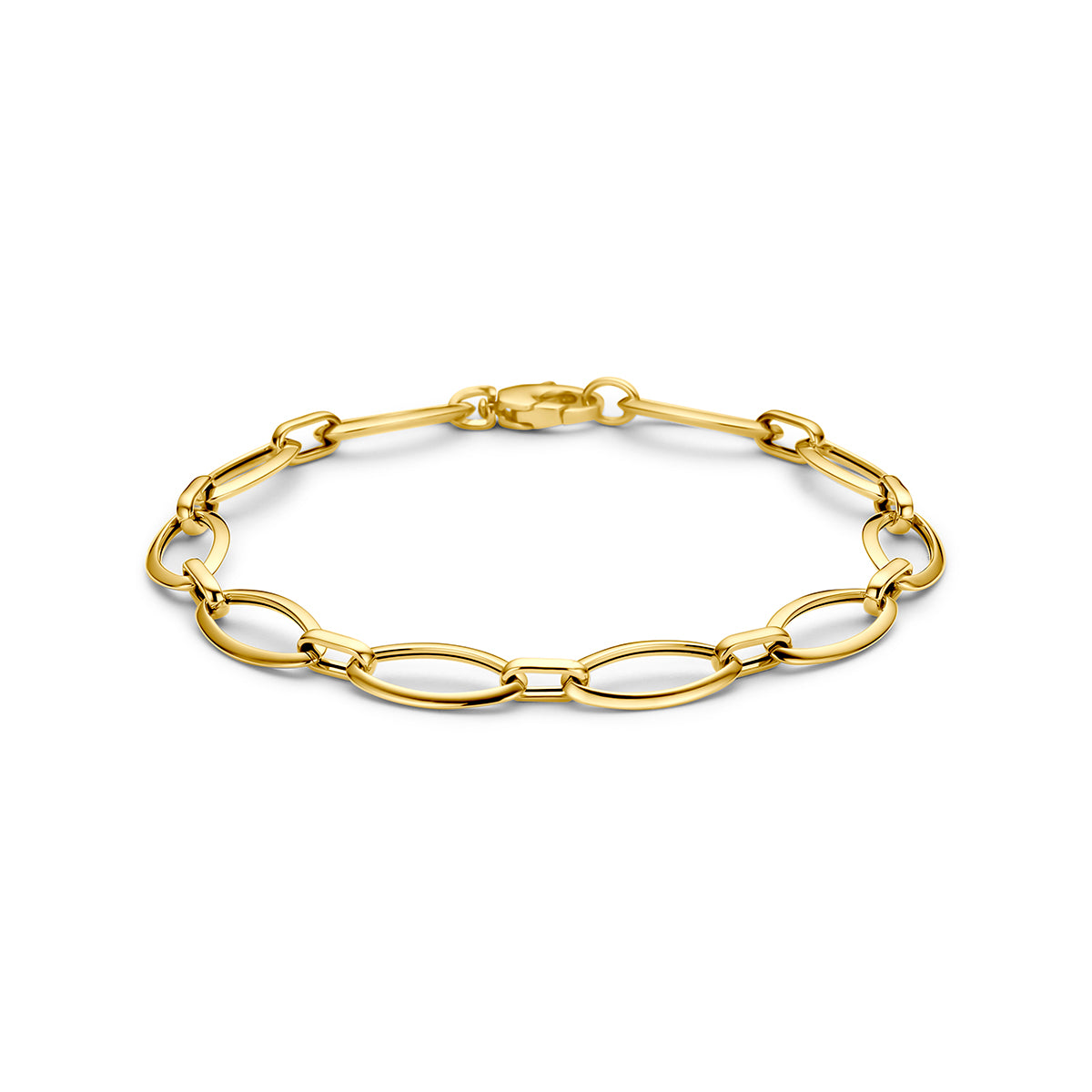 9 karaat armband: vooraanzicht van de 9 karaat geelkleurige grove ankerarmband.