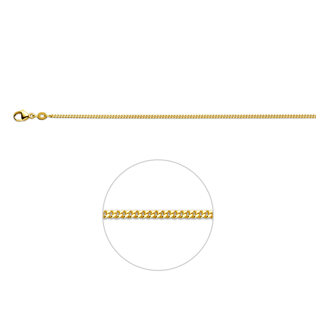 9 karaat ketting: 9 karaat geelkleurige gourmette halsketting van 1,6 mm breed, vooraanzicht