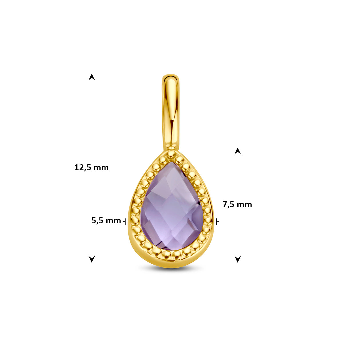 Amethist sieraden: afmetingen van de 9 karaat geelkleurige hanger met amethist, 12,5 mm hoog inclusief oog en 5,5 mm breed.