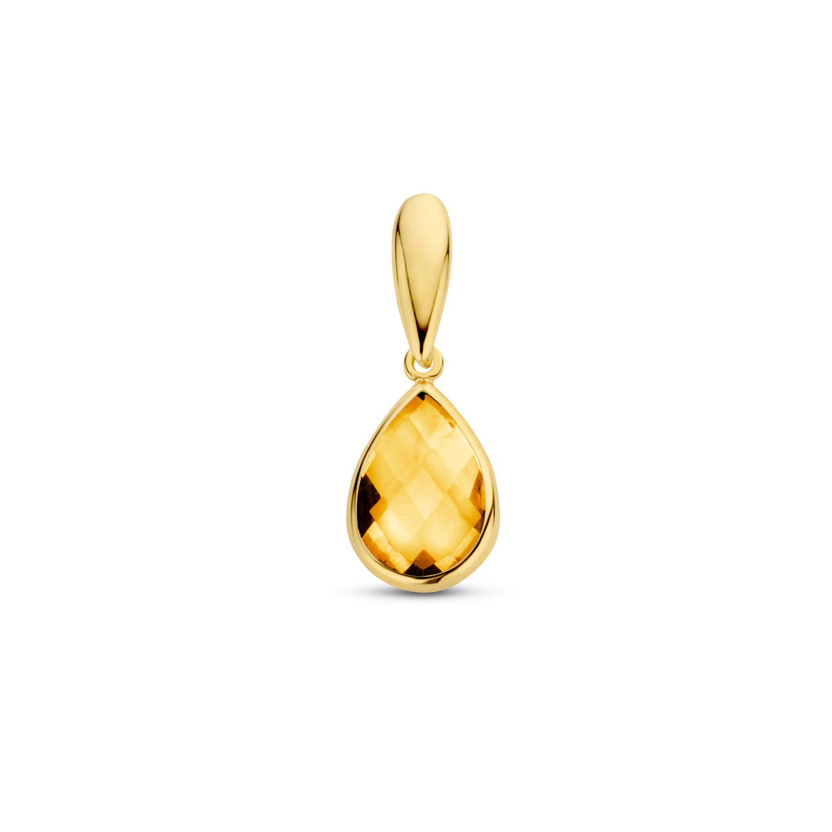 Vooraanzicht van de 9 karaat geelkleurige hanger citrien druppel, 12,5 mm hoog en 7,5 mm breed.