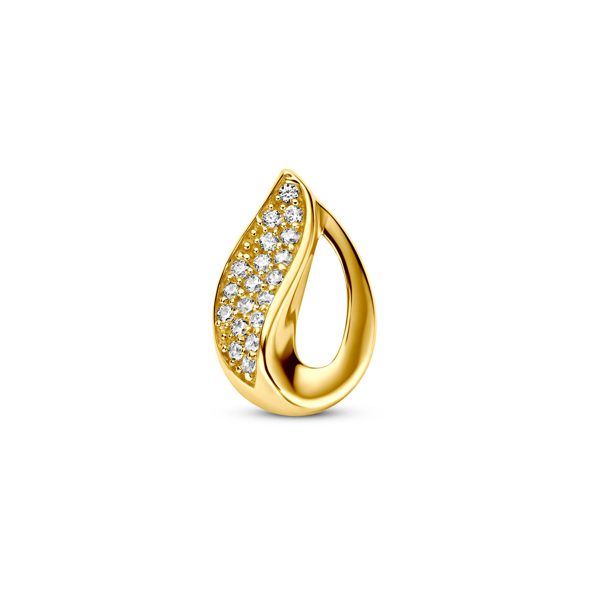 Vooraanzicht van de 9 karaat geelkleurige hanger met zirkonia, 12 mm hoog en 8 mm breed.
