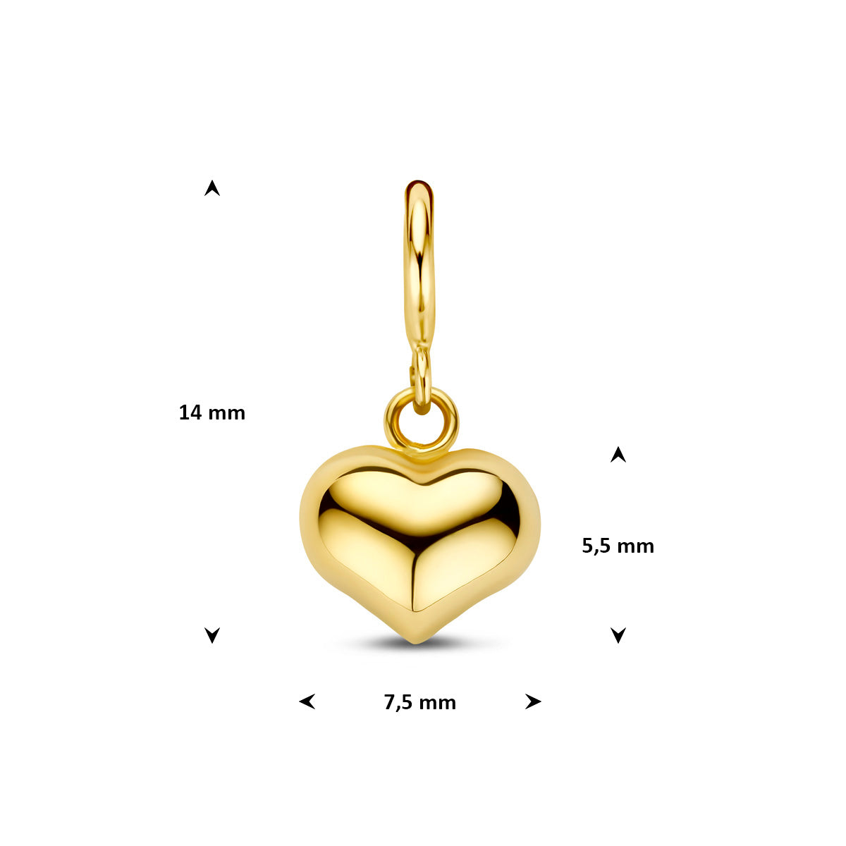 Bedel hartje: afmetingen van de 9 karaat geelkleurige hartje slotbedel, 14,0 mm hoog inclusief oog en 7,5 mm breed.