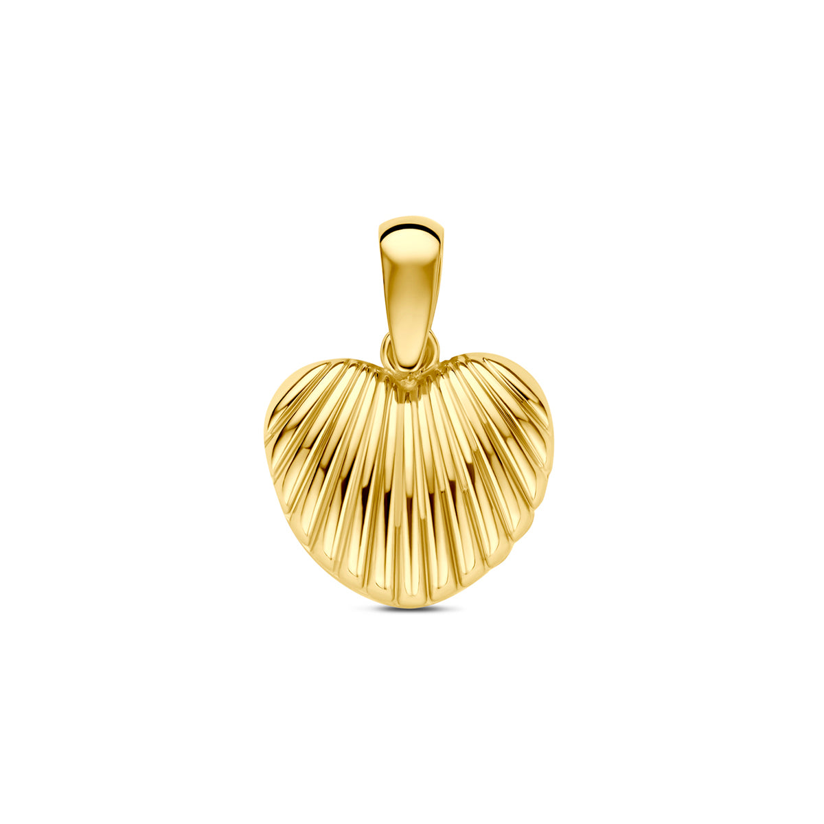 Vooraanzicht van de 9 karaat geelkleurige hartjes hanger met ribbels, 14,5 mm hoog en 10,5 mm breed.