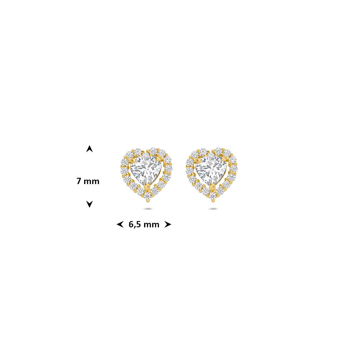 Technische afbeelding van de 9 karaat geelkleurige hartjes oorknopjes met zirkonia met afmetingen, 7 mm hoog en 6,5 mm breed.