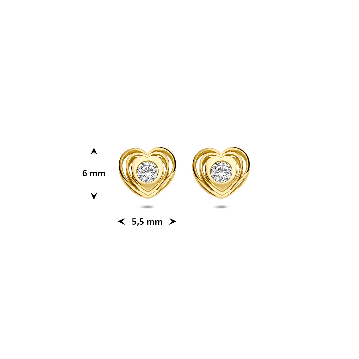 Hartjes oorbellen: afmetingen van de 9 karaat geelkleurige hartjes oorknopjes met zirkonia, 5,5 mm hoog en 6,0 mm breed.