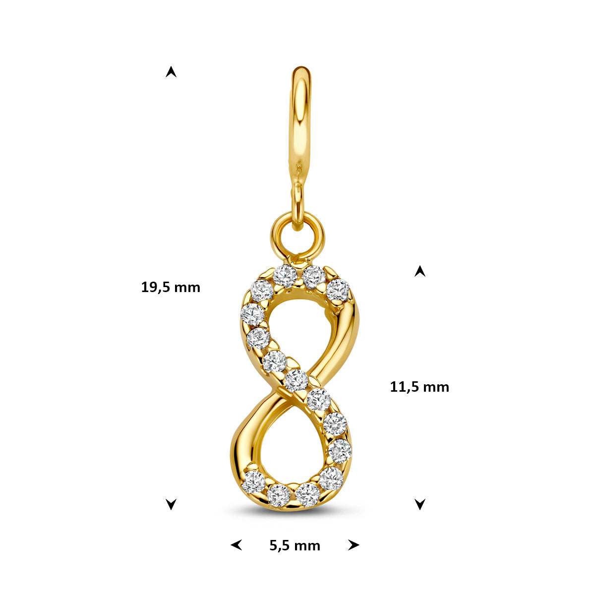 Infinity bedel: afmetingen van de 9 karaat geelkleurige infinity slotbedel met zirkonia, 19,5 mm hoog inclusief oog en 5,5 mm breed.