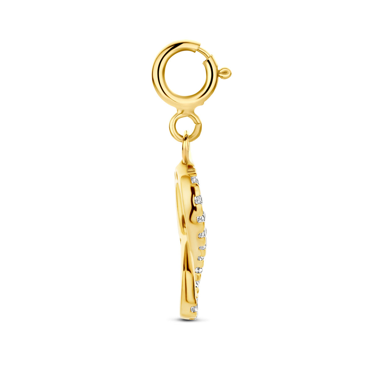 Infinity bedel: zijaanzicht van de 9 karaat geelkleurige infinity slotbedel met zirkonia.