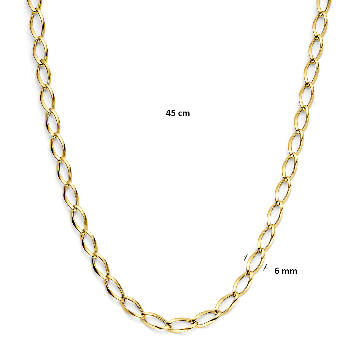 9 karaat ketting: afmetingen van de 9 karaat geelkleurige ketting met gedraaide schakels, schakel van 6,0 mm breed en lengte 45 cm.
