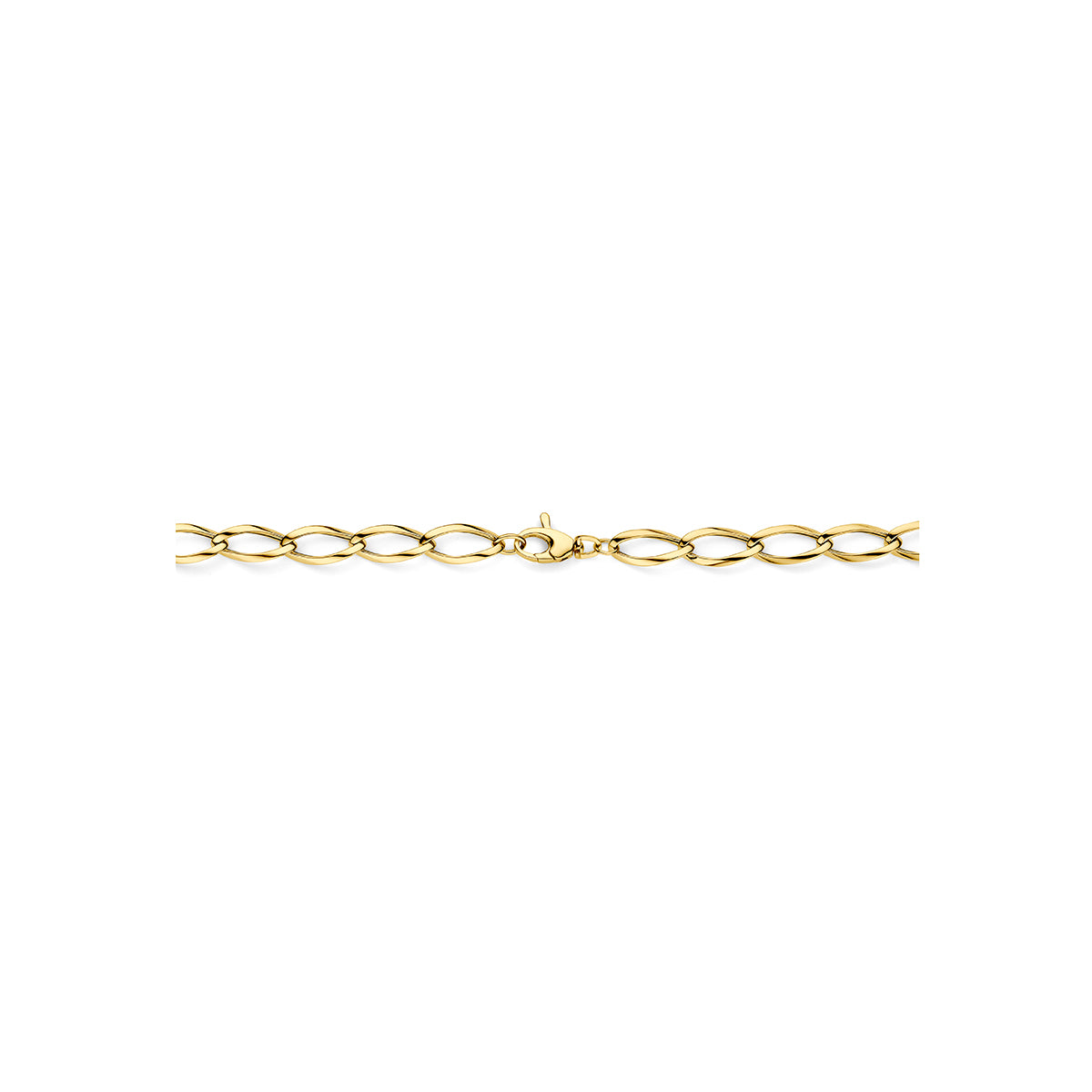 9 karaat ketting: detail van de 9 karaat geelkleurige ketting met gedraaide schakels.