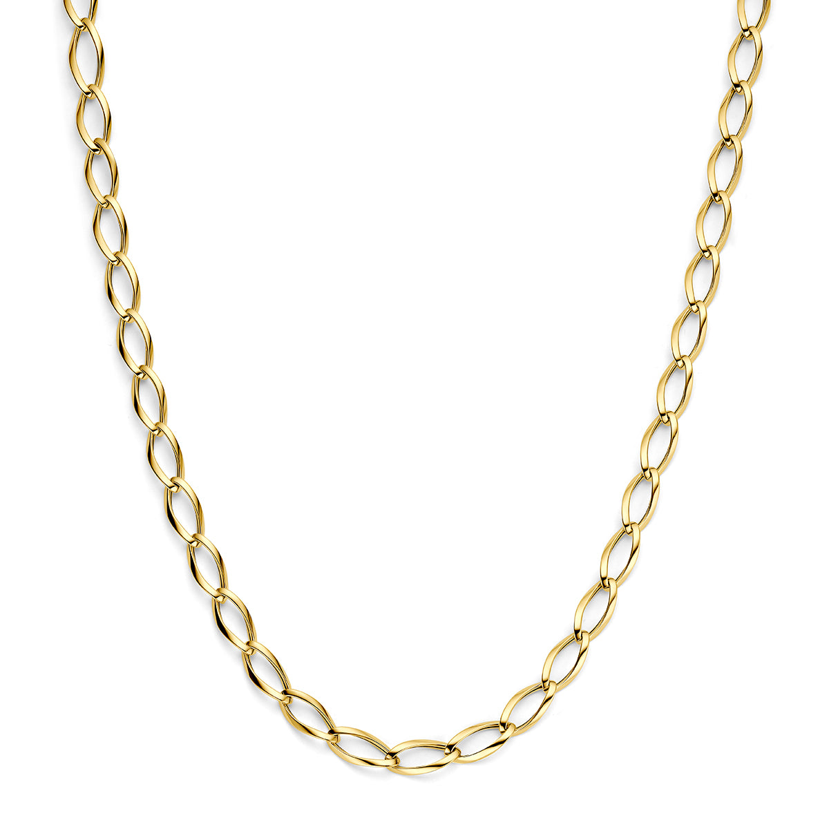 9 karaat ketting: vooraanzicht van de 9 karaat geelkleurige ketting met gedraaide schakels.