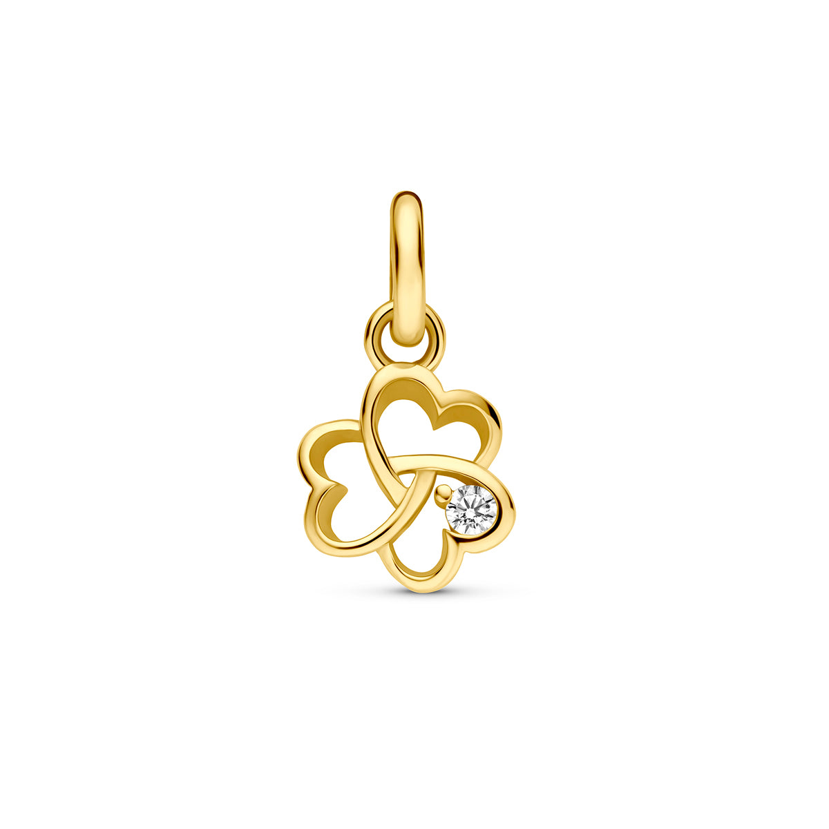 Klavertje vier hanger: vooraanzicht van de 9 karaat geelkleurige klavertje hanger met zirkonia.