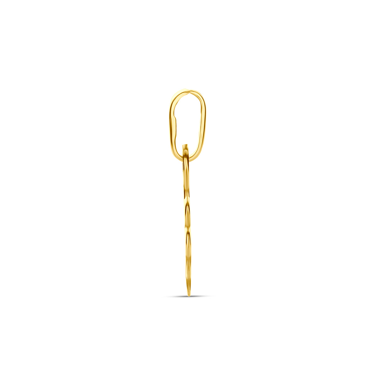 Klavertje vier hanger: zijaanzicht van de geelkleurige klavertje vier hanger van 9 karaat.