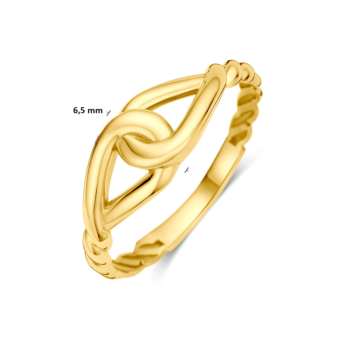 9 karaat ring: schuin bovenaanzicht met afmetingen van de 9 karaat geelkleurige knoop ring, 6,5 mm breed.