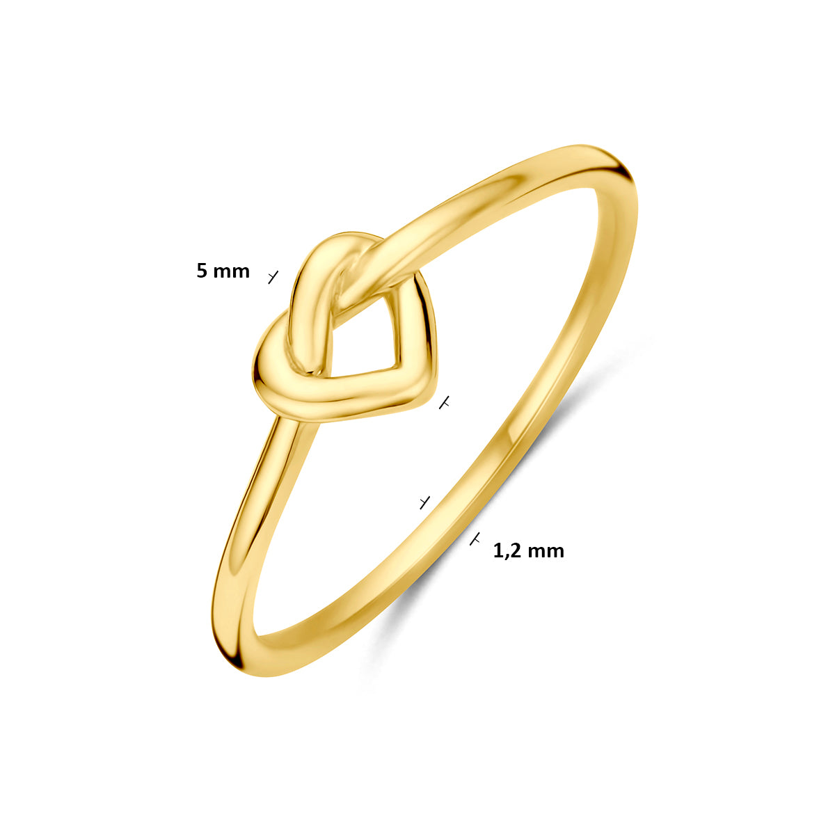 9 karaat ring: schuin bovenaanzicht met afmetingen van de 9 karaat geelkleurige knoop ring met hartje, 5,0 mm breed.