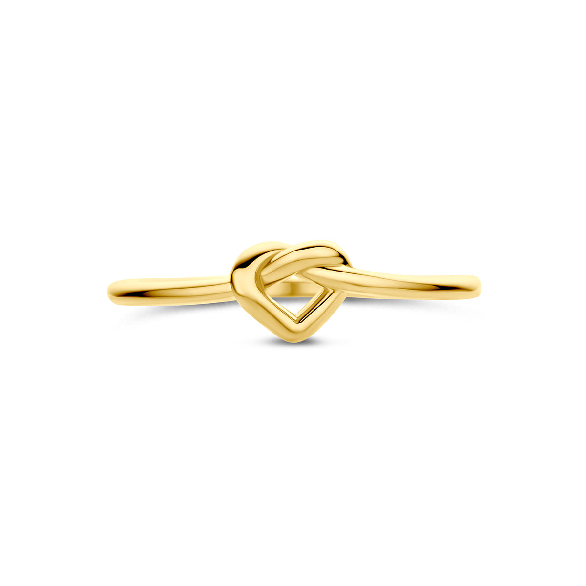 9 karaat ring: bovenaanzicht van de 9 karaat geelkleurige knoop ring met hartje.