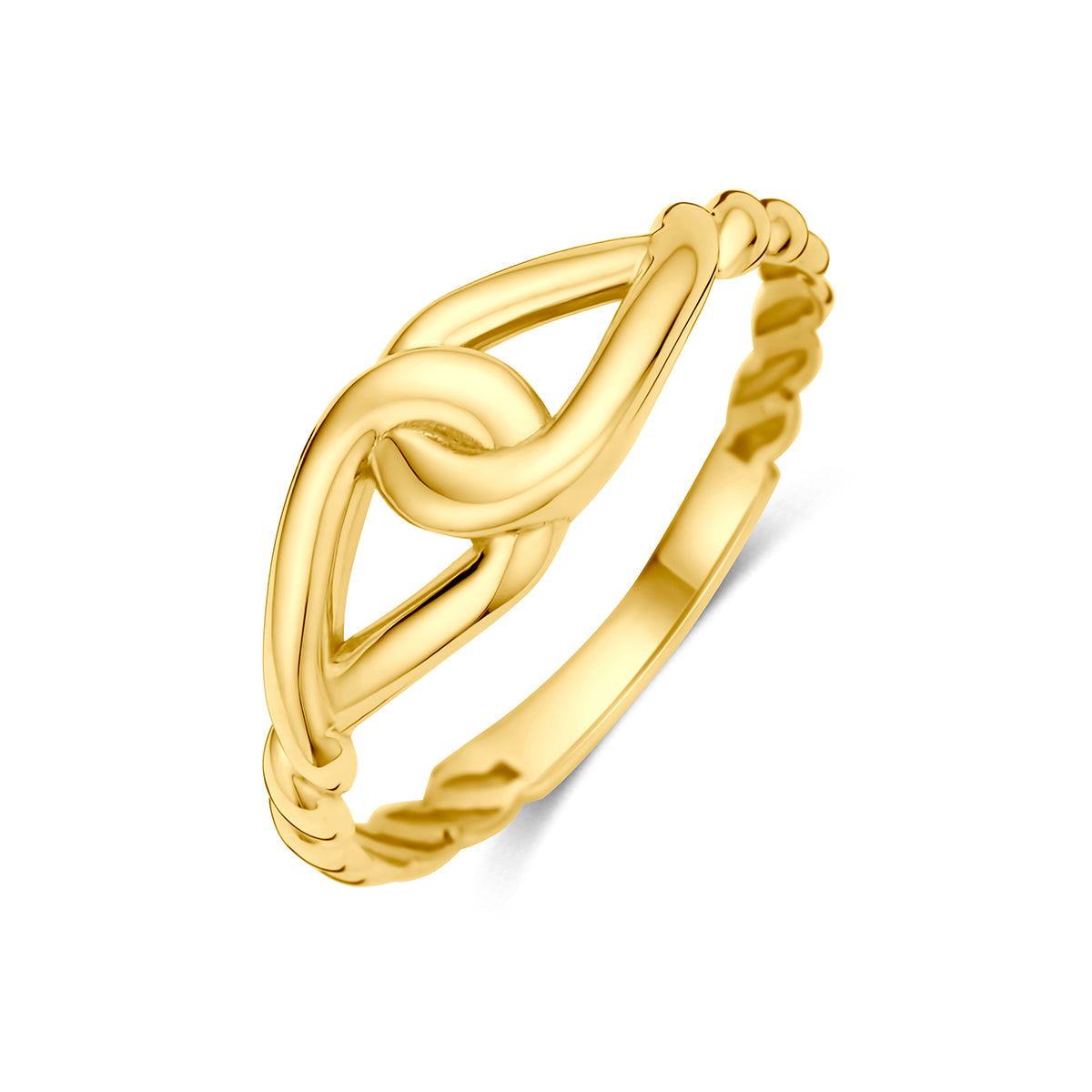 9 karaat ring: schuin bovenaanzicht van de 9 karaat geelkleurige knoop ring.
