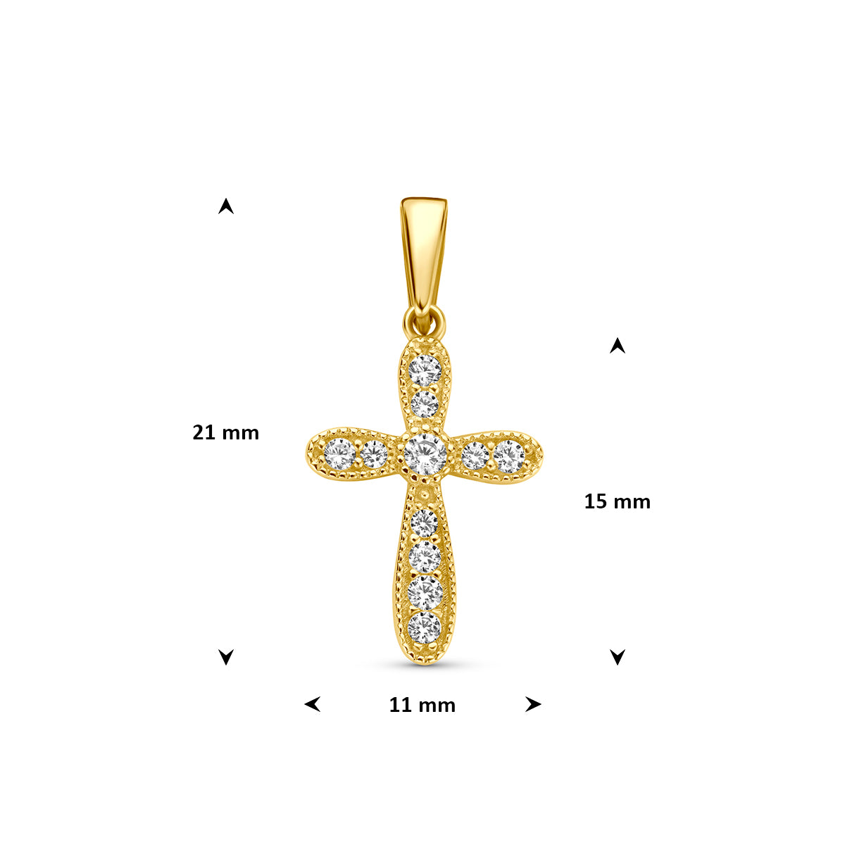 Kruisje hanger: afmetingen van de 9 karaat geelkleurige kruis hanger met zirkonia, 21,0 mm hoog inclusief oog en 11,0 mm breed.