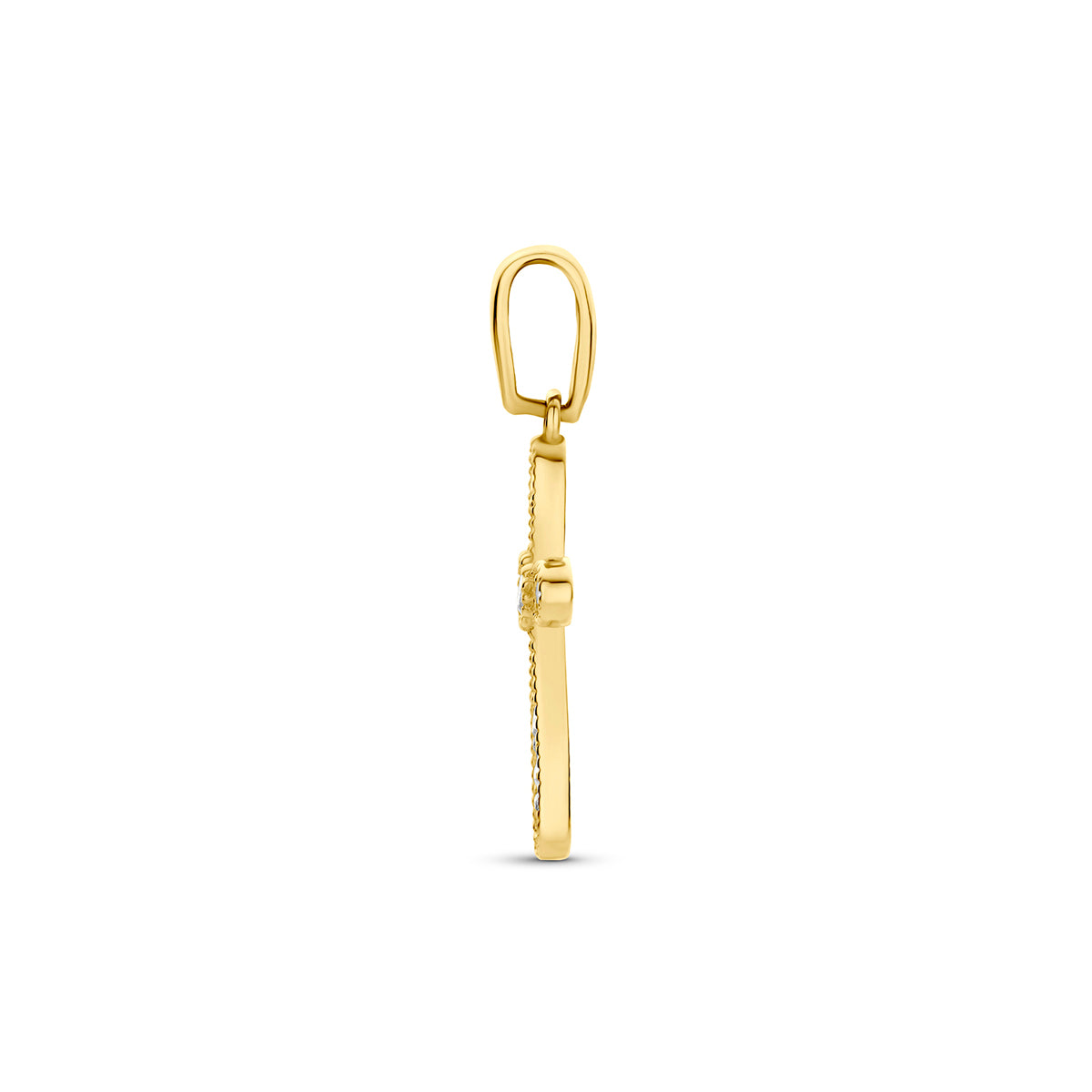 Kruisje hanger: zijaanzicht van de 9 karaat geelkleurige kruis hanger met zirkonia.