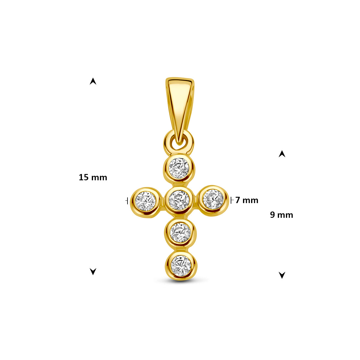 Kruisje hanger: afmetingen van de 9 karaat geelkleurige kruisje hanger met zirkonia, 15,0 mm hoog inclusief oog en 7,0 mm breed.