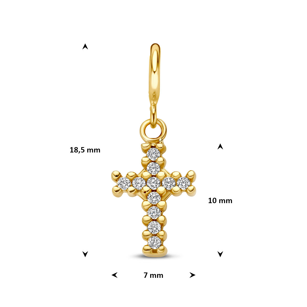 Kruisje bedel: afmetingen van de 9 karaat geelkleurige kruisje slotbedel met zirkonia, 18,5 mm hoog inclusief oog en 7,0 mm breed.