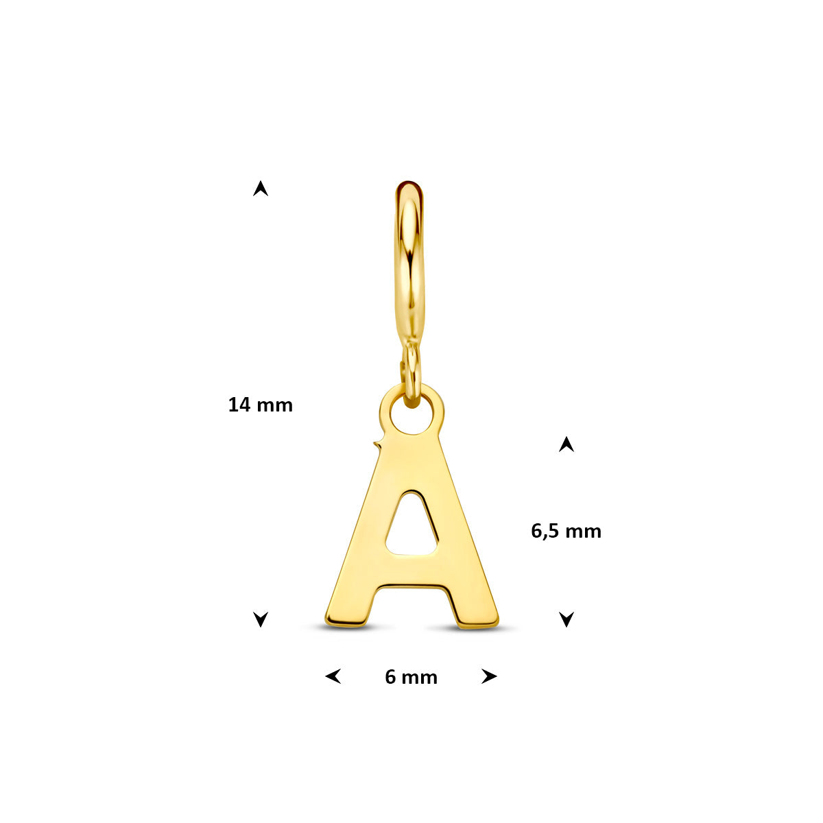 Letter bedel: afmetingen van de 9 karaat geelkleurige letter slotbedel, letter A, 14,0 mm hoog inclusief oog en 6,0 mm breed.