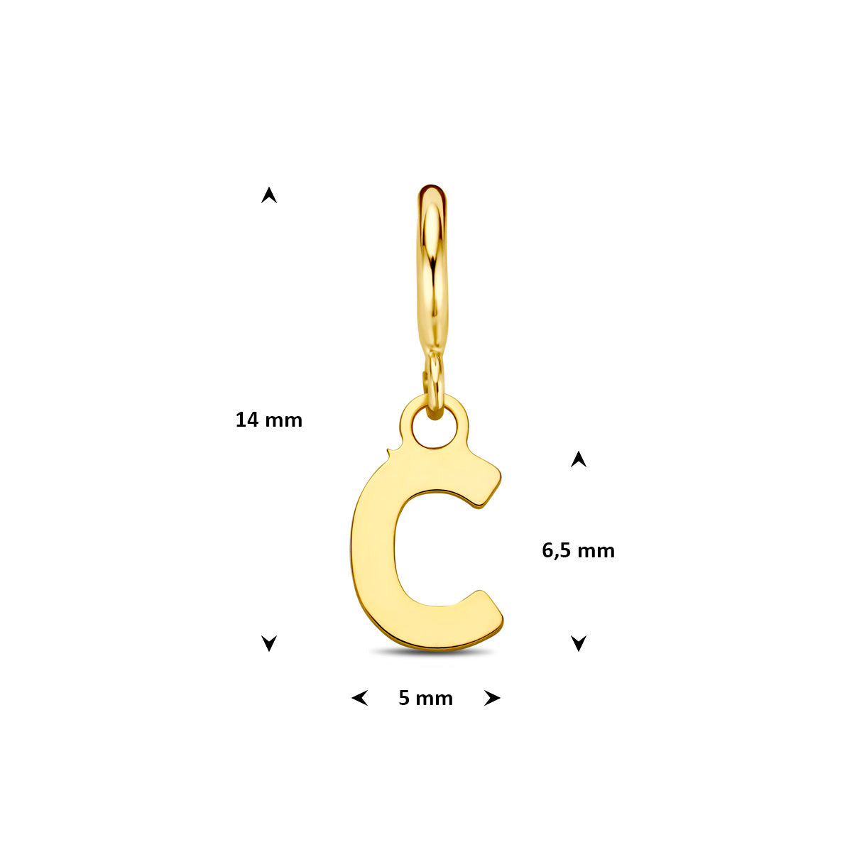 Letter bedel: afmetingen van de 9 karaat geelkleurige letter slotbedel, letter C, 14,0 mm hoog inclusief oog en 5,0 mm breed.