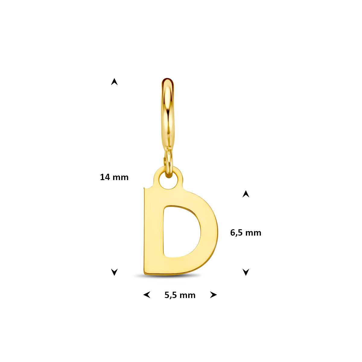 Letter bedel: afmetingen van de 9 karaat geelkleurige letter slotbedel, letter D, 14,0 mm hoog inclusief oog en 5,5 mm breed.
