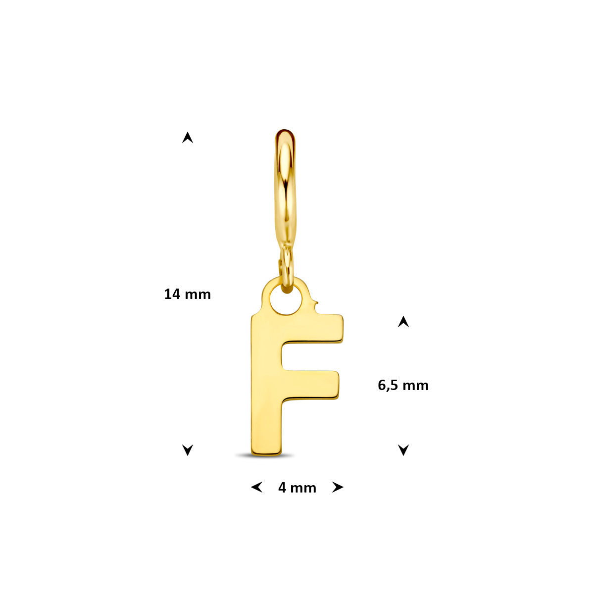 Letter bedel: afmetingen van de 9 karaat geelkleurige letter slotbedel, letter F, 14,0 mm hoog inclusief oog en 4,0 mm breed.