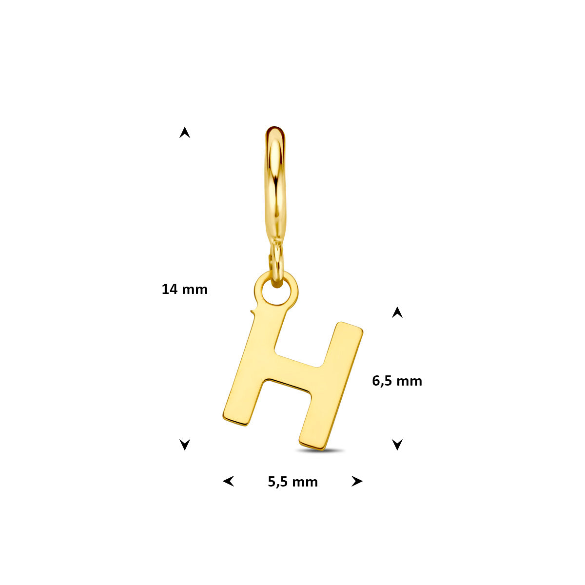 Letter bedel: afmetingen van de 9 karaat geelkleurige letter slotbedel, letter H, 14,0 mm hoog inclusief oog en 5,5 mm breed.