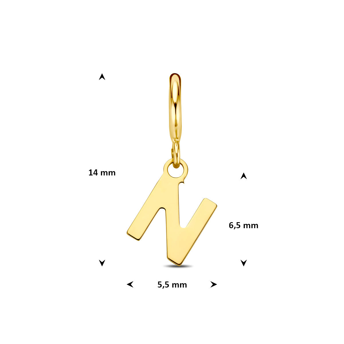 Letter bedel: afmetingen van de 9 karaat geelkleurige letter slotbedel, letter N, 14,0 mm hoog inclusief oog en 5,5 mm breed.