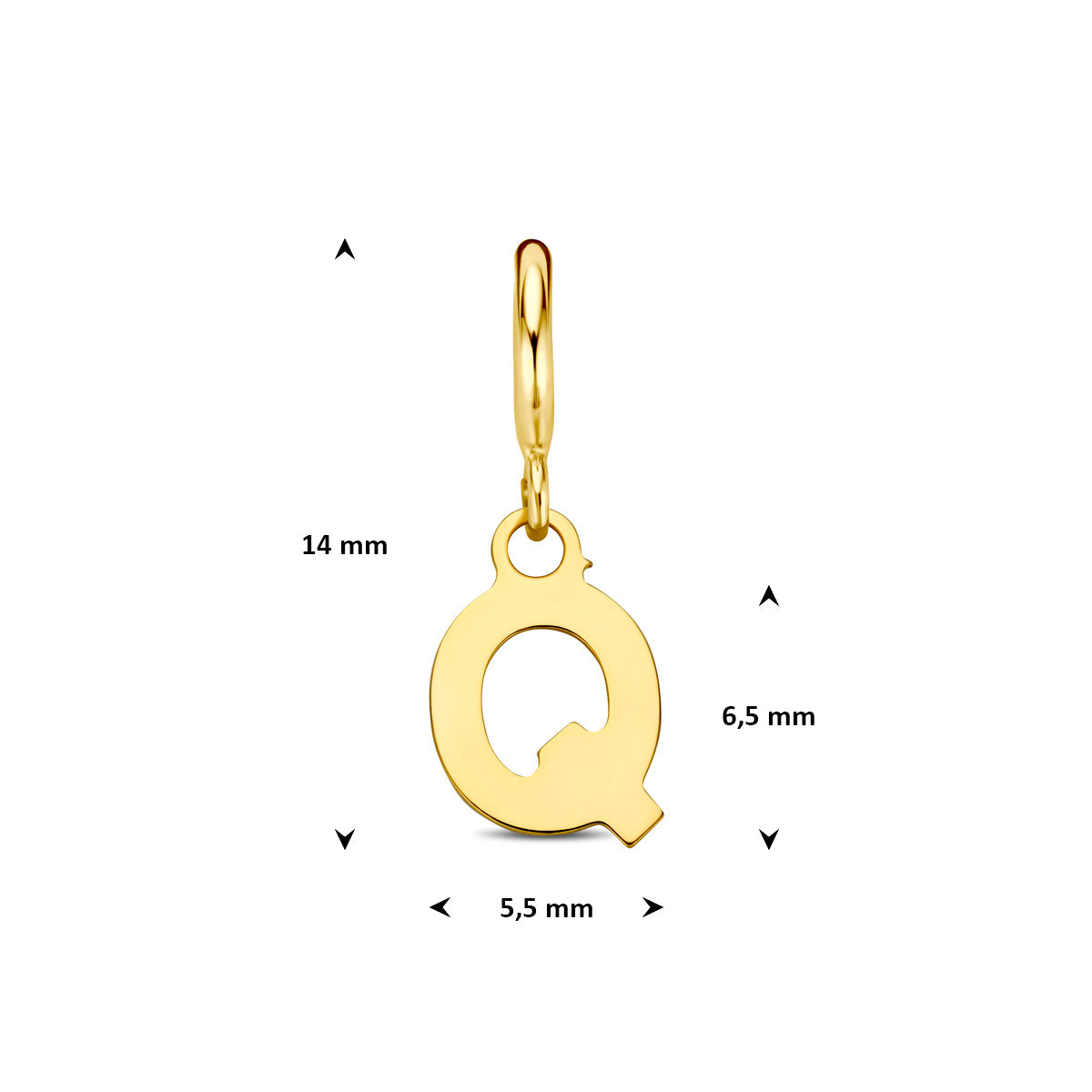 Letter bedel: afmetingen van de 9 karaat geelkleurige letter slotbedel, letter Q, 14,0 mm hoog inclusief oog en 5,5 mm breed.