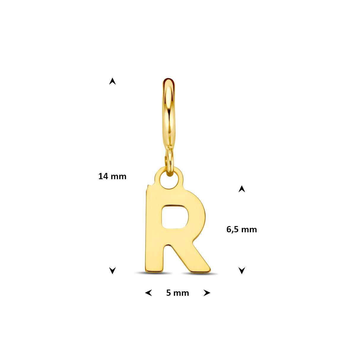 Letter bedel: afmetingen van de 9 karaat geelkleurige letter slotbedel, letter R, 14,0 mm hoog inclusief oog en 5,0 mm breed.