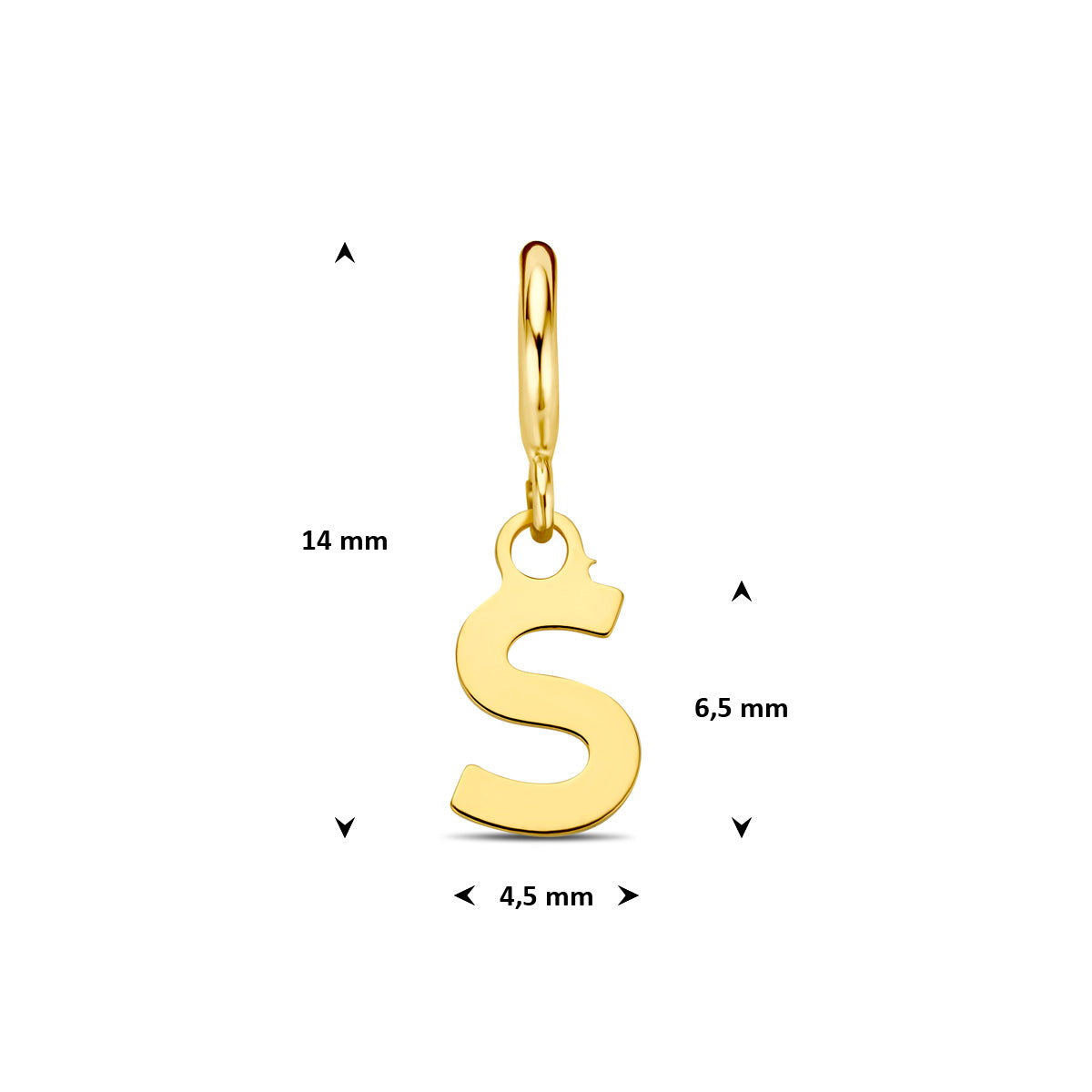Letter bedel: afmetingen van de 9 karaat geelkleurige letter slotbedel, letter S, 14,0 mm hoog inclusief oog en 4,5 mm breed.
