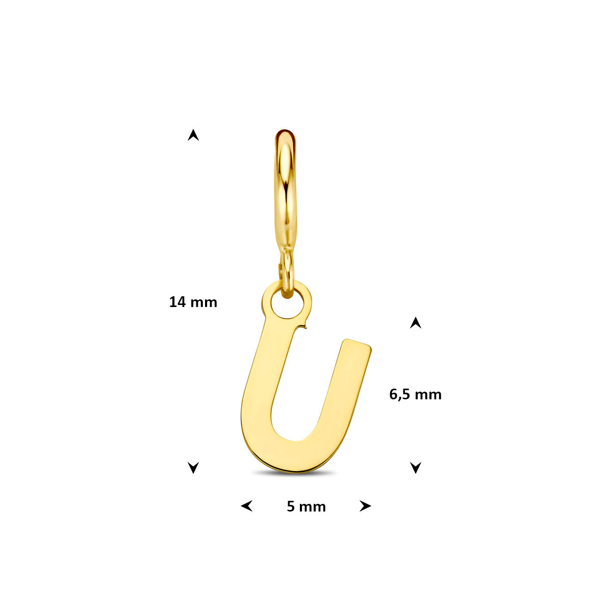 Letter bedel: afmetingen van de 9 karaat geelkleurige letter slotbedel, letter U, 14,0 mm hoog inclusief oog en 5,0 mm breed.