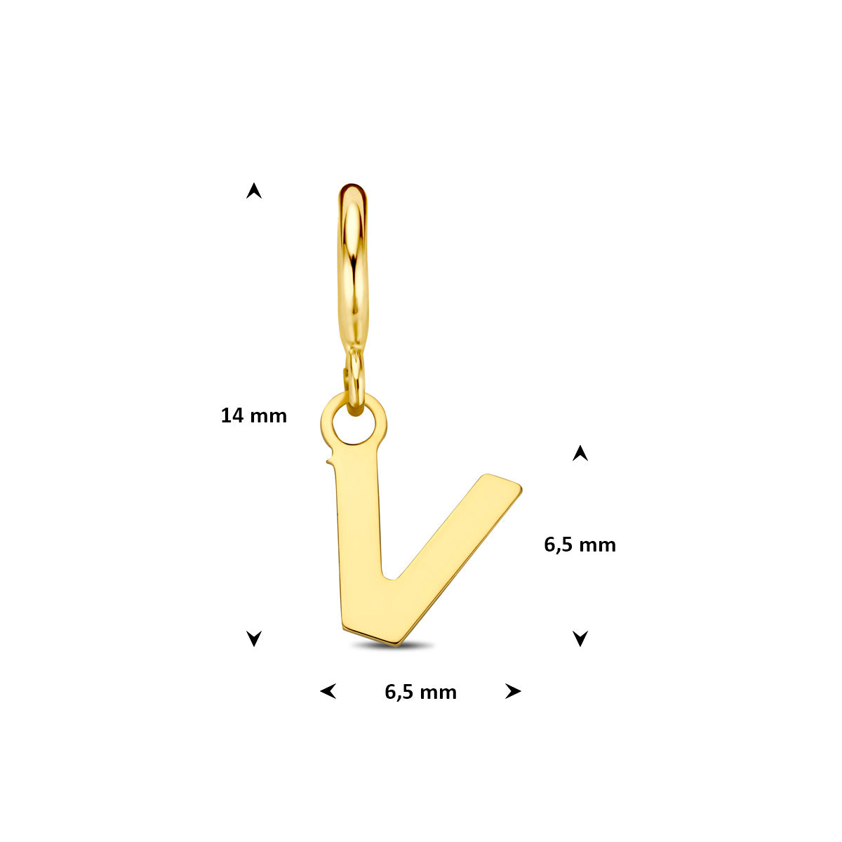 Letter bedel: afmetingen van de 9 karaat geelkleurige letter slotbedel, letter V, 14,0 mm hoog inclusief oog en 6,5 mm breed.